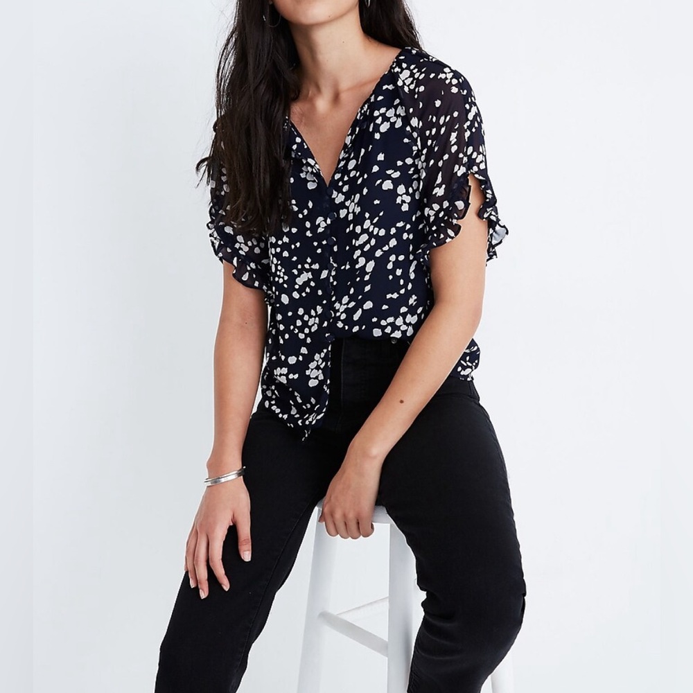 Madewell Memento Short Ruffle Sleeve Blouse Navy Blue Lined Size-XS